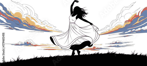 Elegant woman silhouette dancing on hill at sunset with flowing dress and colorful sky for lifestyle and design backgrounds

