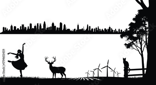 Silhouette landscape with dancer, deer, cat, tree, wind turbines, farmland, and modern city skyline highlighting nature, energy, harmony, contrast