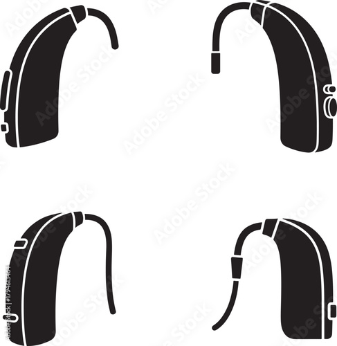 Four different styles of modern behind the ear hearing aids silhouette icons