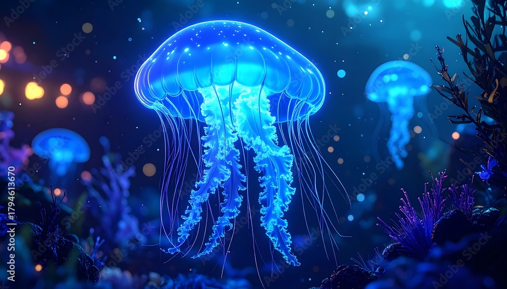 Naklejka premium Bioluminescent jellyfish float in the deep, dark ocean amidst colorful coral and plants, with bokeh lighting effects