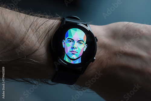Modern smartwatch displays a vibrant, abstract portrait on a person's wrist.