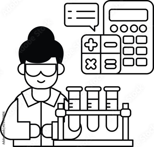 A man in a lab coat is holding a beaker and a calculator