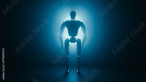 Full Body View of Android in Dark Room | Artificial Intelligence Concept. 3d rendering