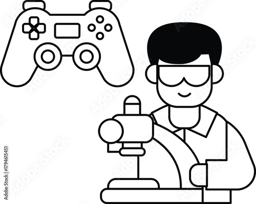 A man in a lab coat is holding a video game controller