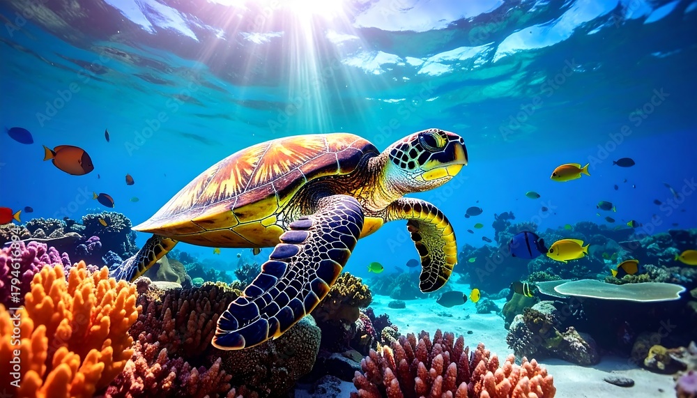Fototapeta premium A sea turtle swims in clear blue ocean water, surrounded by vibrant coral and colorful fish, bathed in sunlight