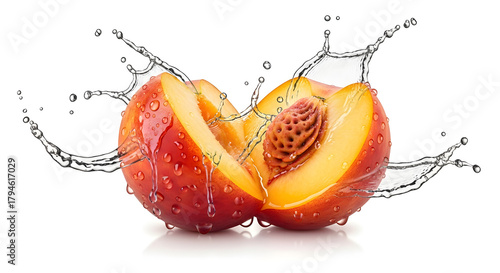 Peach Halves Splashing Water Droplets Isolated on White