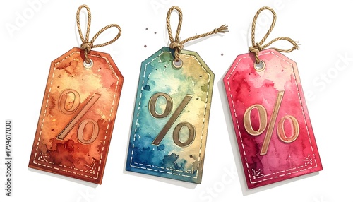 Three watercolor percentage tags hang, tied with twine, featuring gradient hues, cast on white