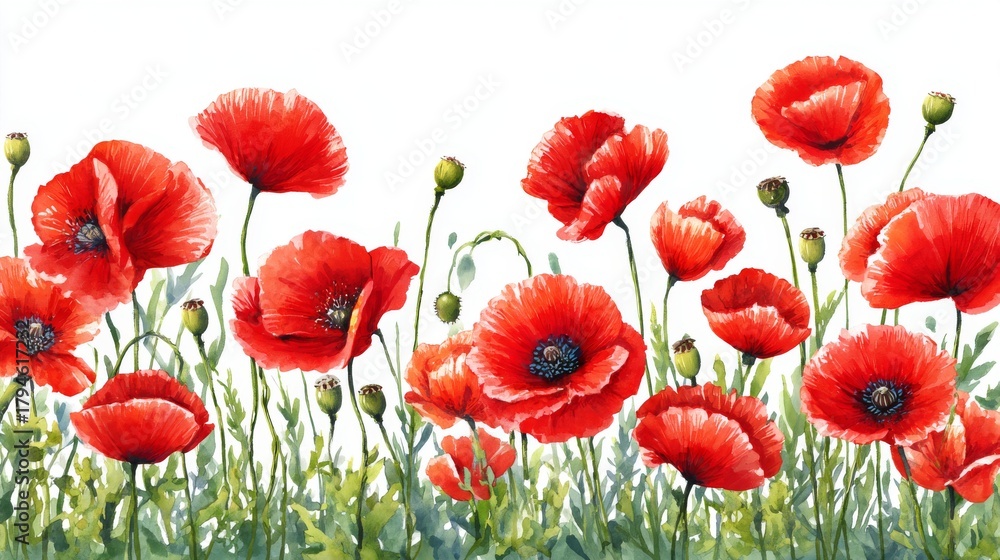 Fototapeta premium Red poppy watercolor border with floral flower botanical nature design illustration showing delicate detail on a clean white background, creating an elegant and versatile decorative composition.