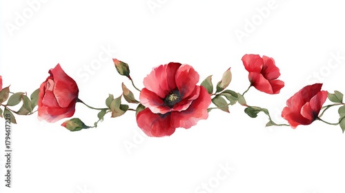 Red poppy watercolor border with floral flower botanical nature design illustration showing delicate detail on a clean white background, creating an elegant and versatile decorative composition.
