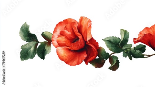 Red poppy watercolor border with floral flower botanical nature design illustration showing delicate detail on a clean white background, creating an elegant and versatile decorative composition.