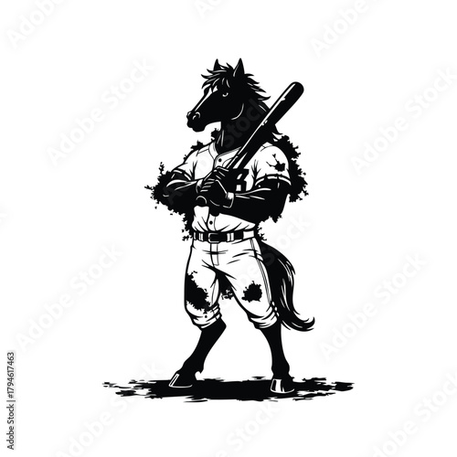 Horse Cartoon Playing Baseball and Holding Bat Ready to Swing in Baseball Outfit Style