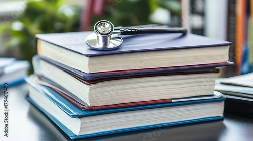 Stack of medical student textbooks on study desk with organized academic materials
