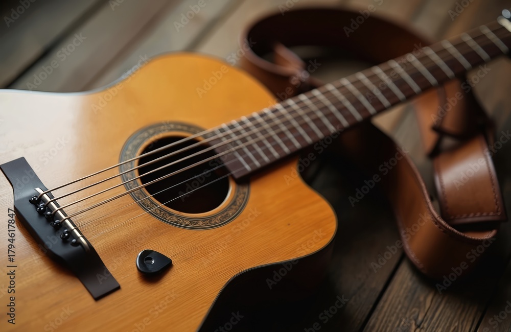 Obraz premium Wooden acoustic guitar with brown leather strap rests on rustic wood planks. Close-up shows strings, sound hole, rosette, bridge, guitar pick. Musical instrument used for creating songs, music,