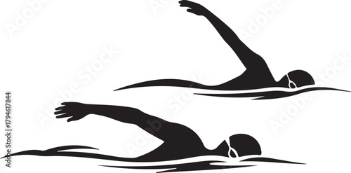 Swimming Sport Silhouette of Athlete in Action Crawling Fast on Water for Exercise and Competition in Pool with Goggles Vector Illustration