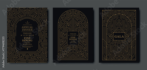 Premium gala card design, gold elegant frame, modern line art, luxury geometric pattern. VIP vector template classic deco, event invitations, posters, party flyers, award ceremonies