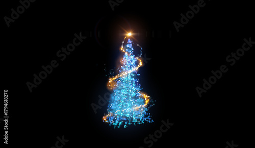 A magical Christmas tree made entirely of glowing, shiny particles. This enchanting digital fantasy scene is perfect for holiday invitations, festive website headers, and magical book illustrations.