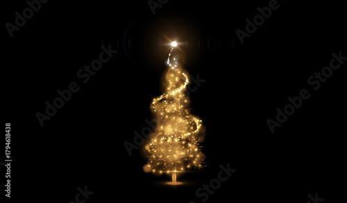 A magical Christmas tree made entirely of glowing, shiny particles. This enchanting digital fantasy scene is perfect for holiday invitations, festive website headers, and magical book illustrations.