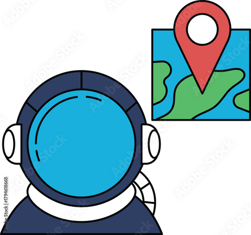 A man in a spacesuit is standing next to a map with a pin on it