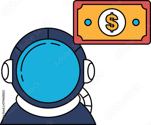 A man in a spacesuit is holding a dollar bill