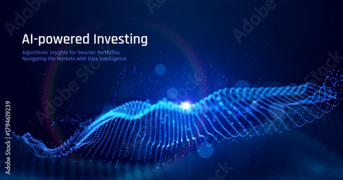 Futuristic AI Fintech background with flowing blue data particles in space. Secure, algorithmic trading, blockchain technology, and big data analysis for corporate presentations and financial branding