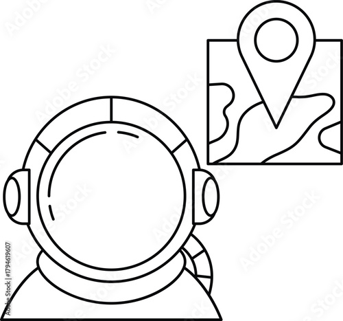 A man in a spacesuit is standing next to a map with a pin on it