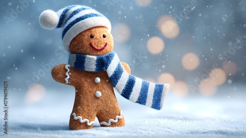 Cheerful Gingerbread Man in a Snowy Winter Wonderland Embracing Festive Season Joy