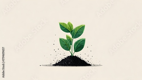 Intricately Detailed Minimal Flat Illustration of a Young Green Plant in Soil with Organic and Eco-friendly Design Emphasizing Nature's Vibrancy
