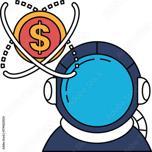 A man in a spacesuit is looking at a coin with the word "money" on it