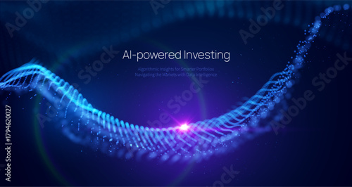 Futuristic AI Fintech background with flowing blue data particles in space. Secure, algorithmic trading, blockchain technology, and big data analysis for corporate presentations and financial branding