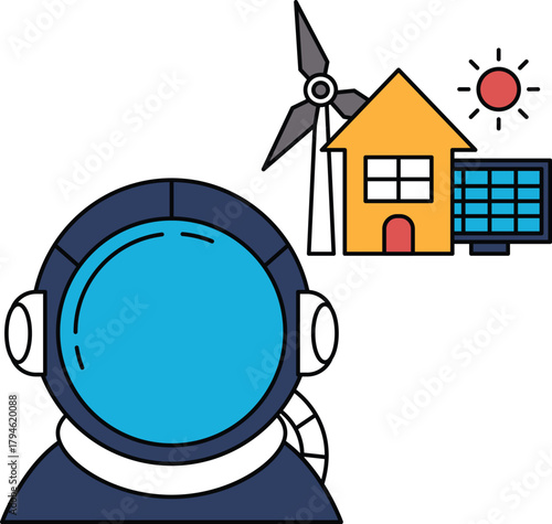 A man in a space suit is looking at a house and a windmill