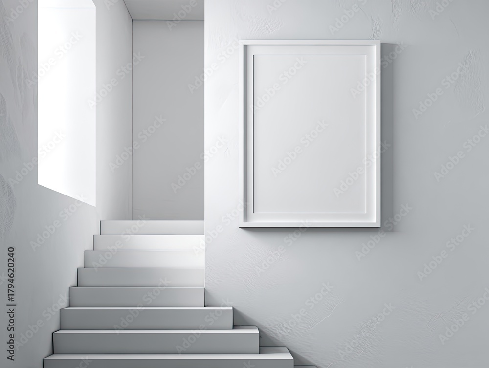 Obraz premium Minimalist interior showcases a staircase leading to light with a blank framed picture
