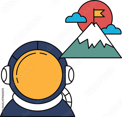 A man in a space suit is looking up at a mountain