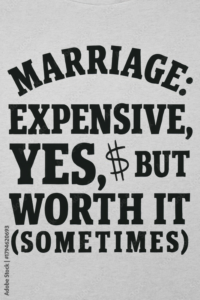 Obraz premium Humorous Marriage Sarcasm Tee: 'Marriage: Expensive, Yes, $ But Worth It (Sometimes)' – The Ultimate Funny Gift for Husbands, Wives, Anniversaries, Engagements, & Relationship Humor Enthusia