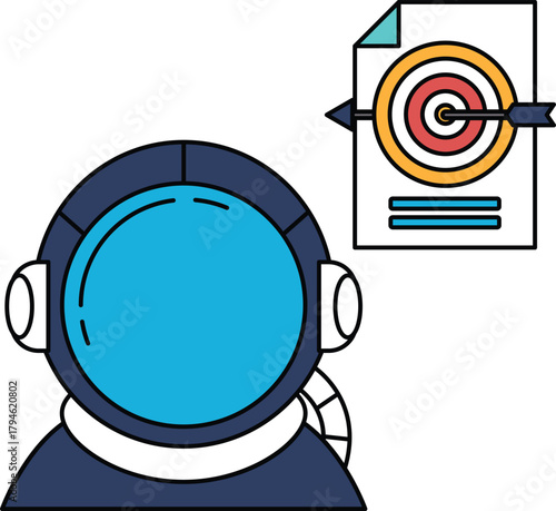 A man in a space suit is looking at a target with a paper in his hand