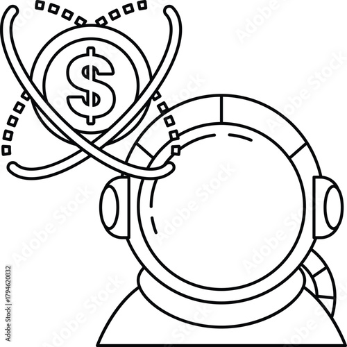 A man in a spacesuit is looking at a coin with the word "money" on it