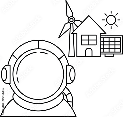 A man in a space suit is looking at a house and a windmill