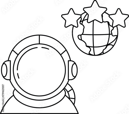 A black and white drawing of an astronaut with a globe