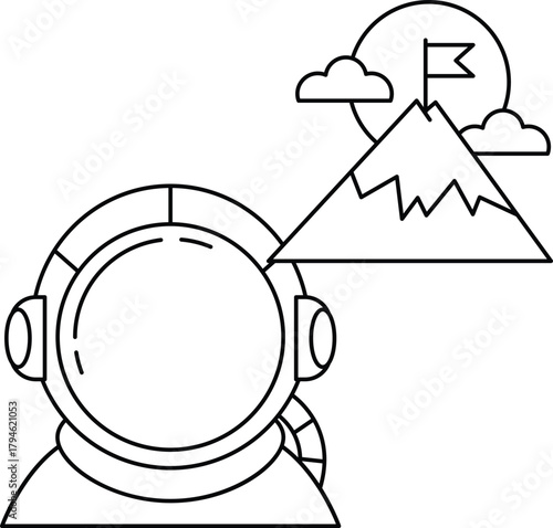 A man in a space suit is looking up at a mountain