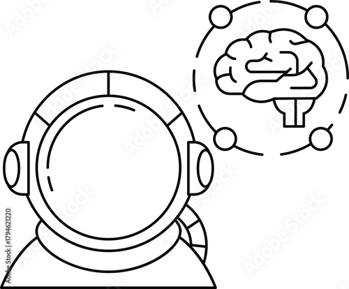 A man in a space suit is wearing headphones and looking to the right