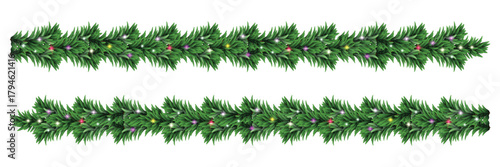 Christmas tree garlands. Realistic pine-tree branches with glowing sparkling Christmas lights decoration. vector illustration