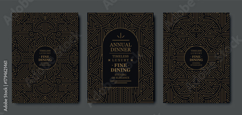 Premium gala card design, gold elegant frame, modern line art, luxury geometric pattern. VIP vector template classic deco, event invitations, posters, party flyers, award ceremonies