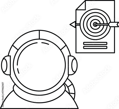 A man in a space suit is looking at a target with a paper in his hand