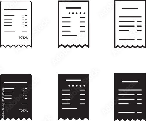 Collection of six different black and white receipt icons on a white background