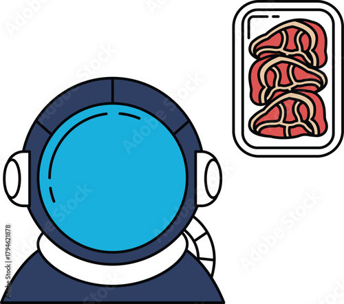 A man in a space suit is looking at a tray of meat