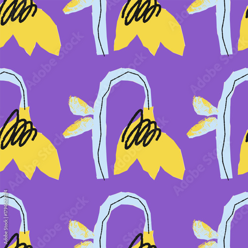Seamless vector naive-style pattern featuring abstract tulip motifs with bright yellow petals, light blue stems, textured golden leaves, and expressive black line details on a rich purple background