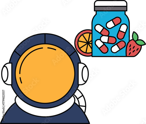A man in a space suit is looking at a jar of pills