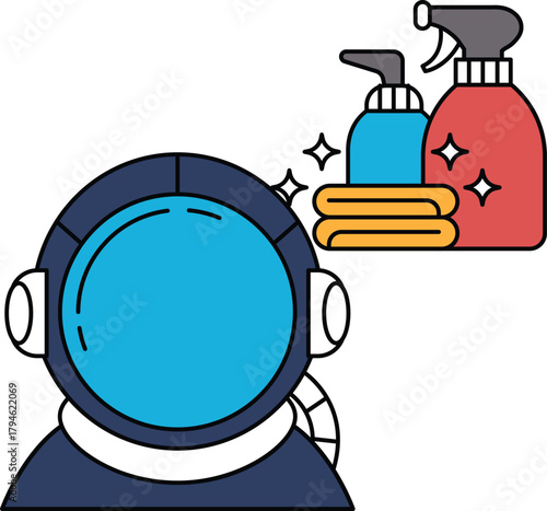 A cartoon of a man in a spacesuit with a spray bottle next to him