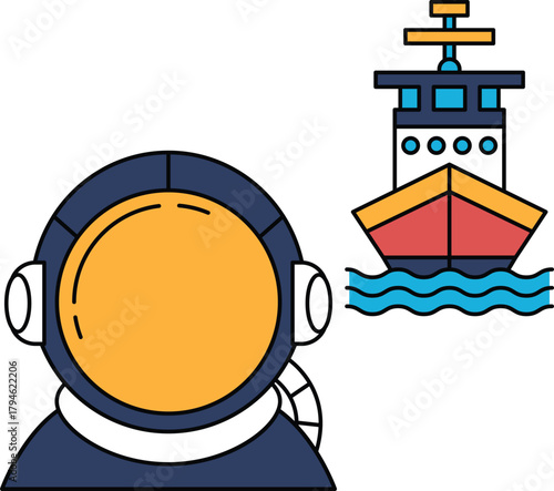 A man in a diving suit is looking at a boat