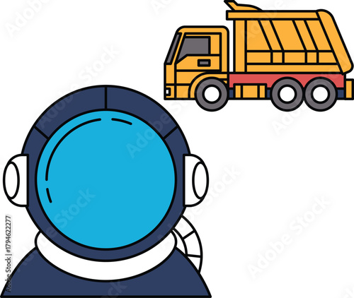 A man in a space suit is looking at a large truck