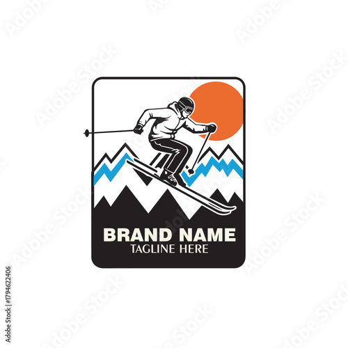Retro Skiing Adventure Badge Design with Mountain Landscape